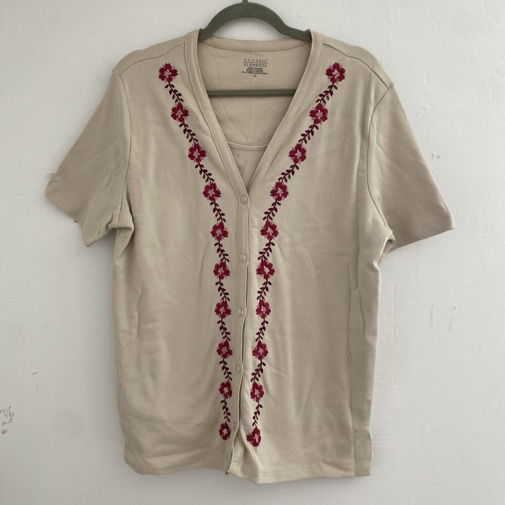 Cottagecore Top Womens L Neutral Beige Floral SS Embroidered Knit Two In One